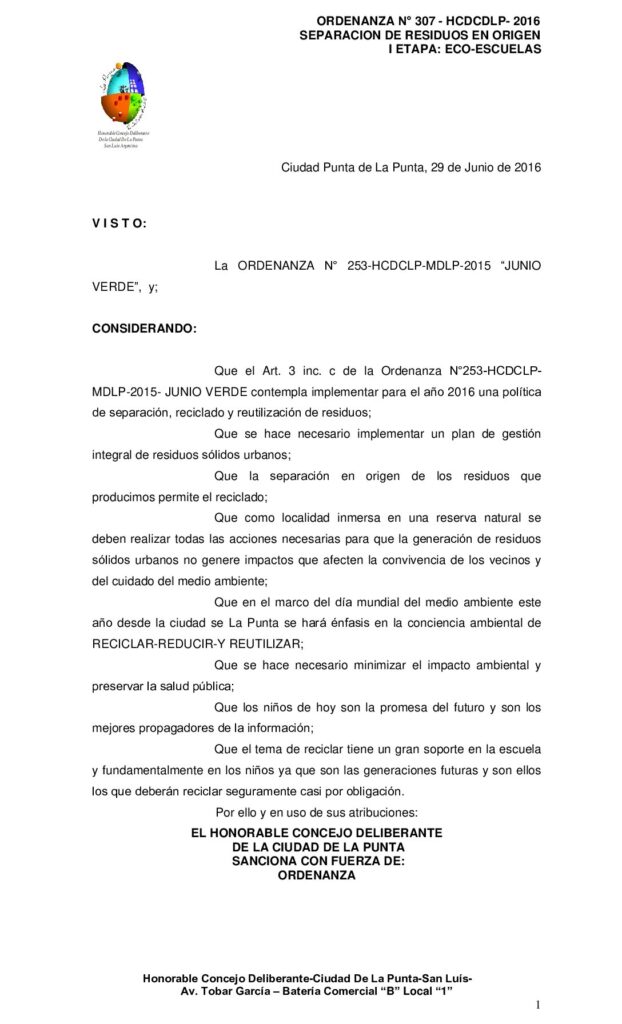 thumbnail of ORDENANZA N° 307 – SEPARACION DE RESIDUOS EN ORIGEN- I ETAPA ESCUELAS