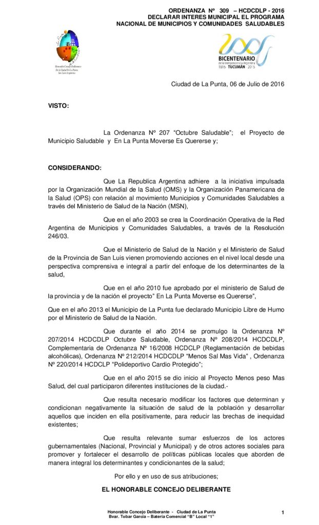 thumbnail of ORDENANZA N° 309 – DECLARAR DE INTERES PROG NACIONAL MUNICIPIO Y COMUNIDADES SALUDABLES