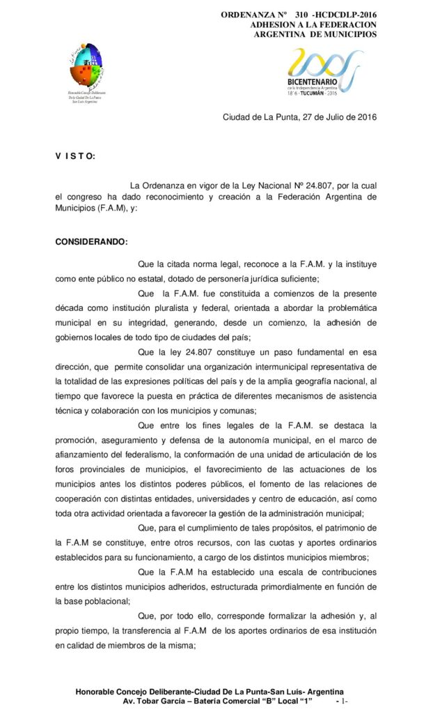 thumbnail of ORDENANZA N° 310 – ADHESION A LA FEDERACION ARGENTINA DE MUNICIPIOS