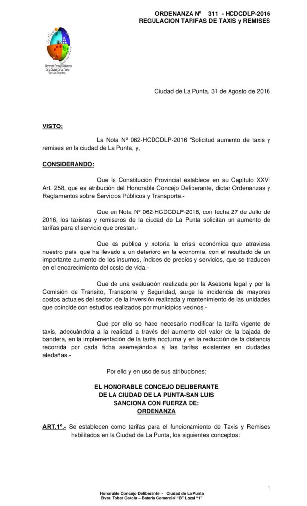 thumbnail of ORDENANZA N° 311 – MODIFICATORIA TARIFA DE TAXIS Y REMISES 2016