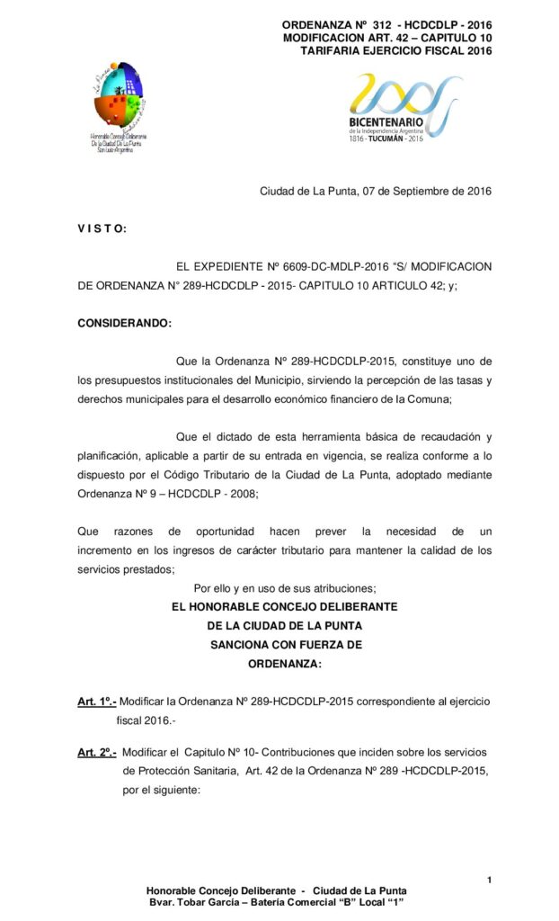 thumbnail of ORDENANZA N° 312 – MODIFICACION ART. 42 CAPITULO 10- ORDENANZA 289 TARIFARIA EJERCICIO FISCAL 2016