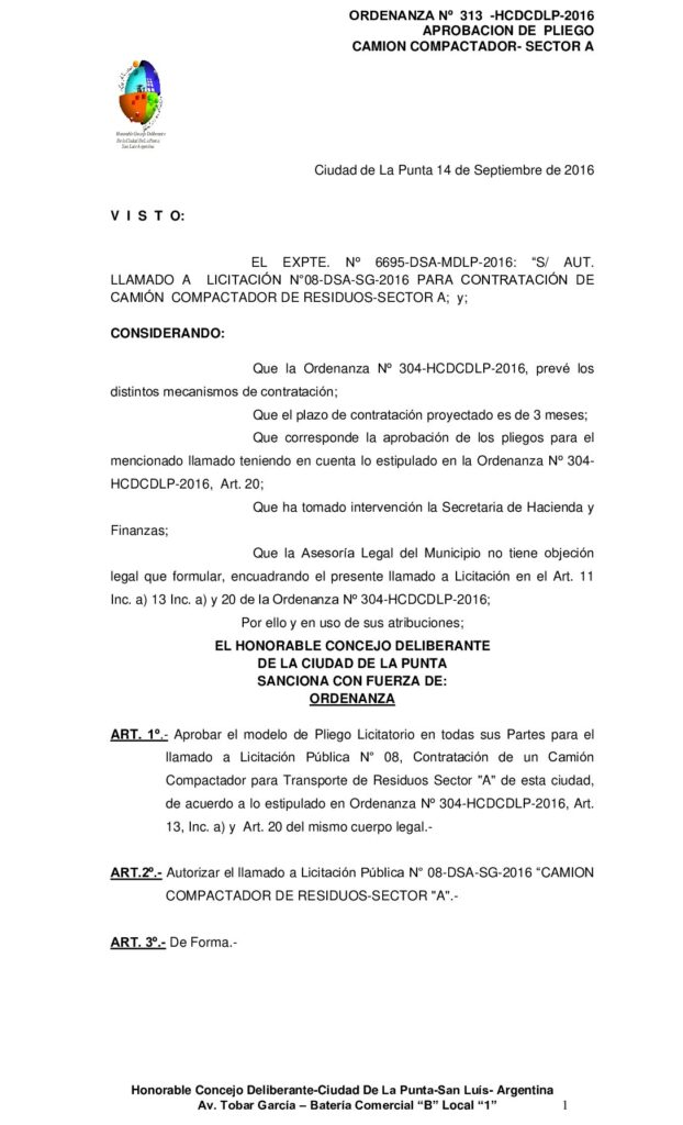 thumbnail of ORDENANZA N° 313 – APROBACION PLIEGO LIC PUBL Nº 08 CAMION COMPACTADOR SECTOR A