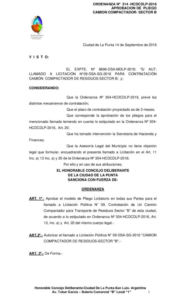 thumbnail of ORDENANZA N° 314 – APROBACION PLIEGO LIC PUBL Nº 09 CAMION COMPACTADOR SECTOR B