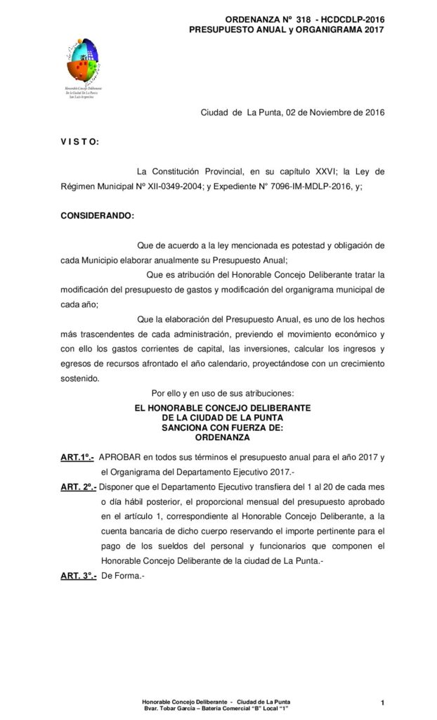 thumbnail of ORDENANZA N° 318 – APROBACIÓN PRESUPUESTO Y ORGANIGRAMA AÑO 2017