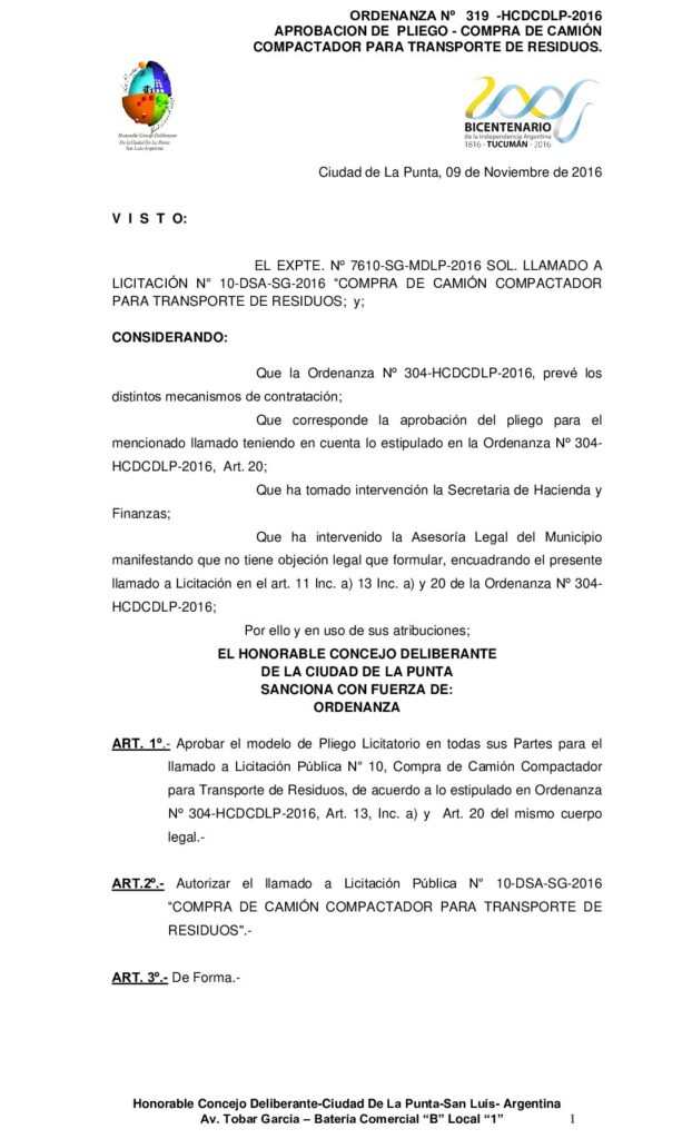 thumbnail of ORDENANZA N° 319 – APROBACIÓN DE PLIEGO- COMPRA DE CAMION COMPACTADOR DE TRANSPORTE DE RESIDUOS