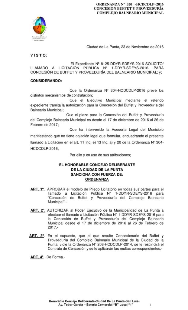 thumbnail of ORDENANZA N° 320 – CONCESION BUFFET Y PROVEEDURIA COMPLEJO BALNEARIO MUNICIPAL