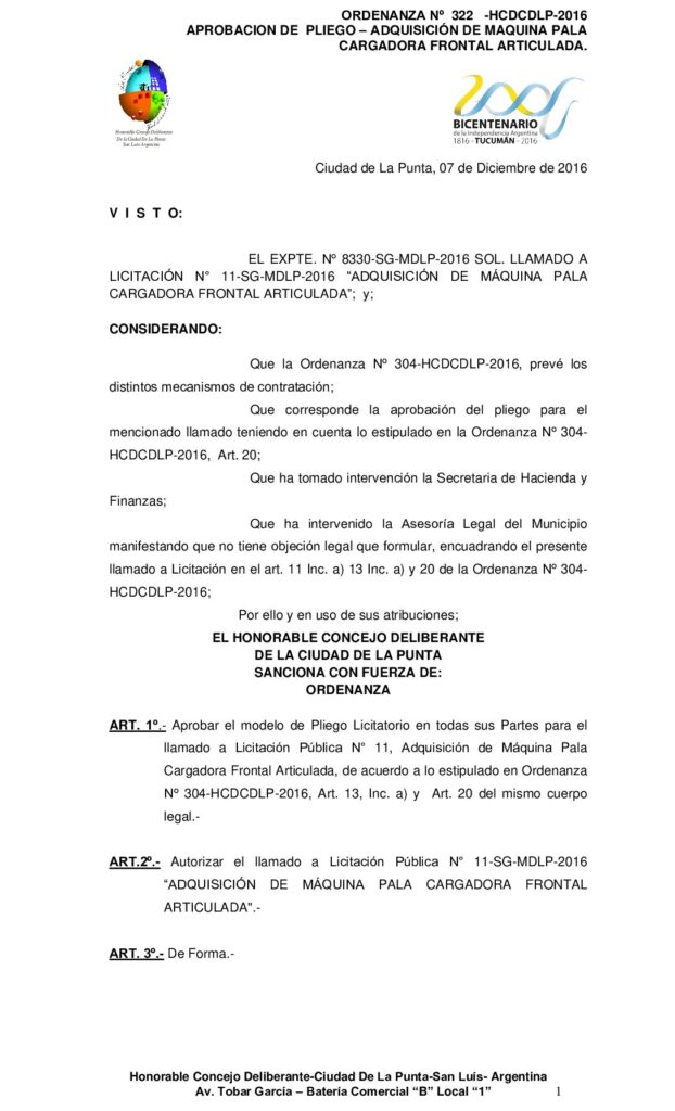 thumbnail of ORDENANZA N° 322 – APROBACIÓN DE PLIEGO- ADQUISICIÓN DE MAQUINA PALA CARGADORA FRONTAL ARTICULADA