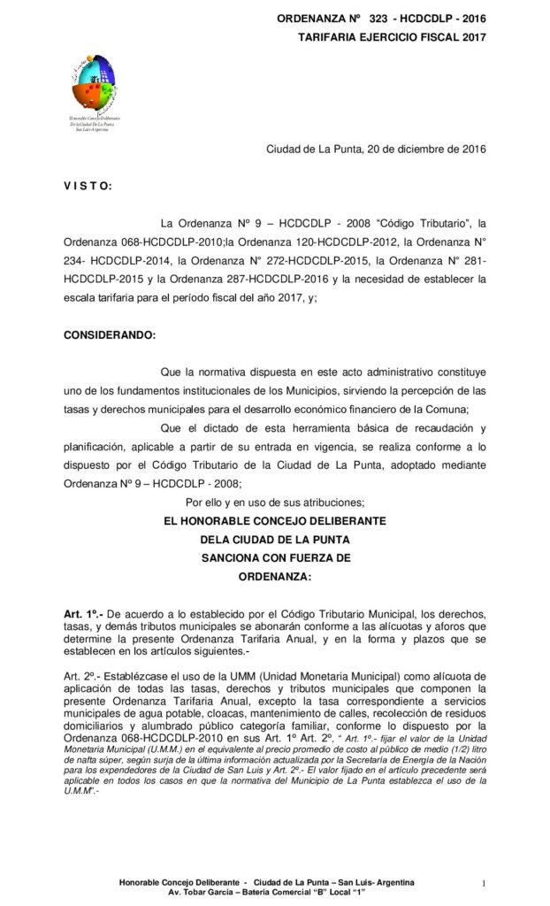 thumbnail of ORDENANZA N° 323 – APROBACIÓN TARIFARIA EJERCICIO FISCAL 2017