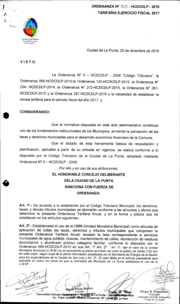 thumbnail of ORDENANZA N° 323 – TARIFARIA EJERCICIO FISCAL 2017