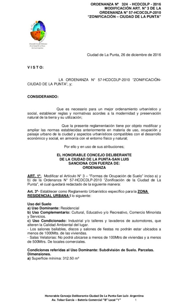 thumbnail of ORDENANZA N° 324 – MODIFICACION ART. 3 ORDENANZA 57 ZONIFICACION