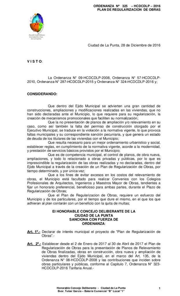 thumbnail of ORDENANZA N° 325 – PLAN DE REGULARIZACION DE OBRAS