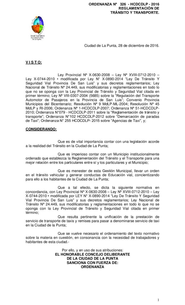 thumbnail of ORDENANZA N° 326 – REGLAMENTACIÓN DE TRÁNSITO Y TRANSPORTE