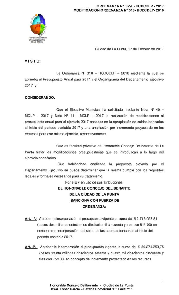 thumbnail of ORDENANZA N° 329 – APROBACIÓN MODIFICACION PRESUPUESTO 2017