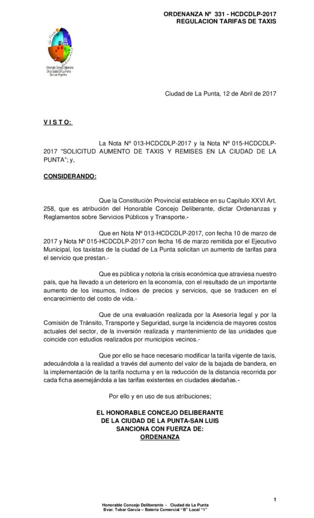 thumbnail of ORDENANZA N° 331 – MODIFICATORIA TARIFA DE TAXIS 2017