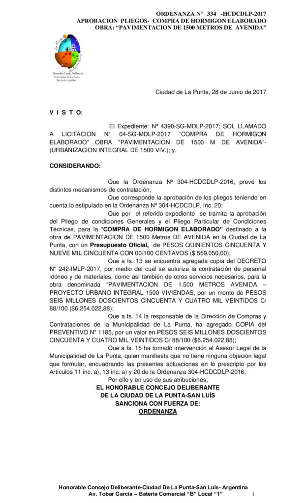 thumbnail of ORDENANZA N° 334 – APROBACION LLAMADO A LICITACIÓN Nº 04-SG-MDLP-2017 COMPRA DE HORMIGÓN ELABORADO, EXPTE Nº 4390-SG-MDLP-2017.