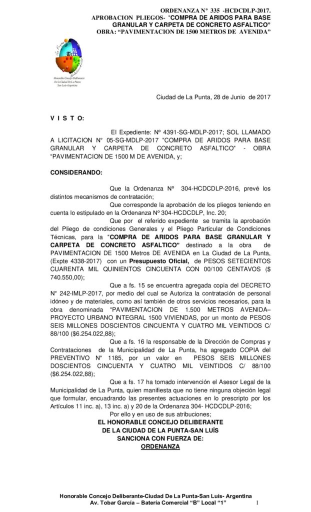 thumbnail of ORDENANZA N° 335 – APROBACION LLAMADO A LICITACIÓN Nº 05-SG-MDLP-2017