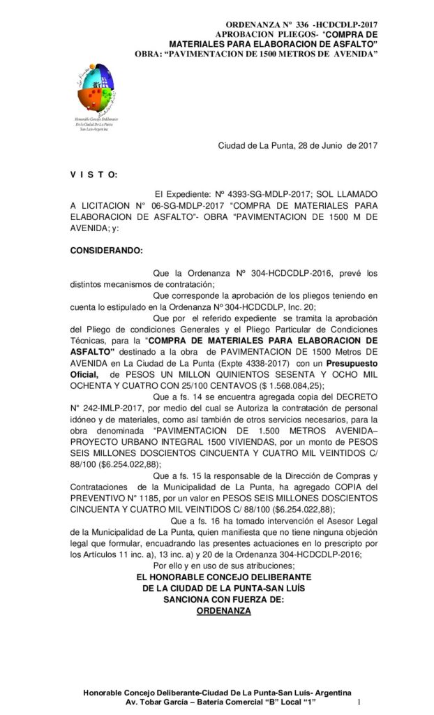 thumbnail of ORDENANZA N° 336 – APROBACION LLAMADO A LICITACIÓN Nº 06-SG-MDL