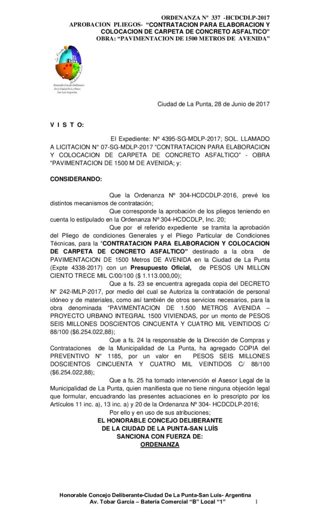 thumbnail of ORDENANZA N° 337 – APROBACION LLAMADO A LICITACIÓN Nº 07-SG-MDLP-2017