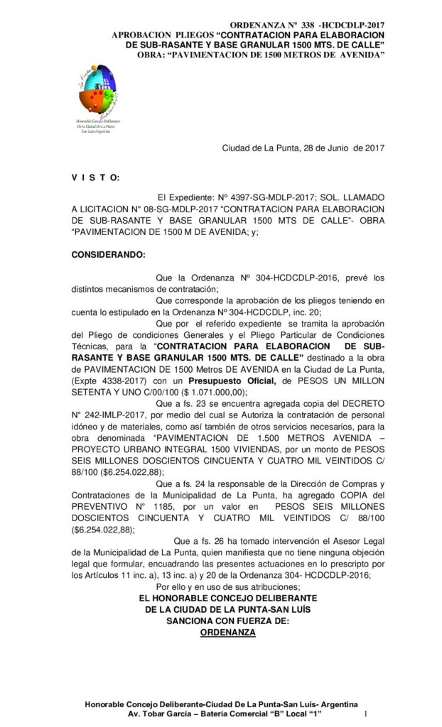 thumbnail of ORDENANZA N° 338 – APROBACION LLAMADO A LICITACIÓN Nº 08-SG-MDLP-2017