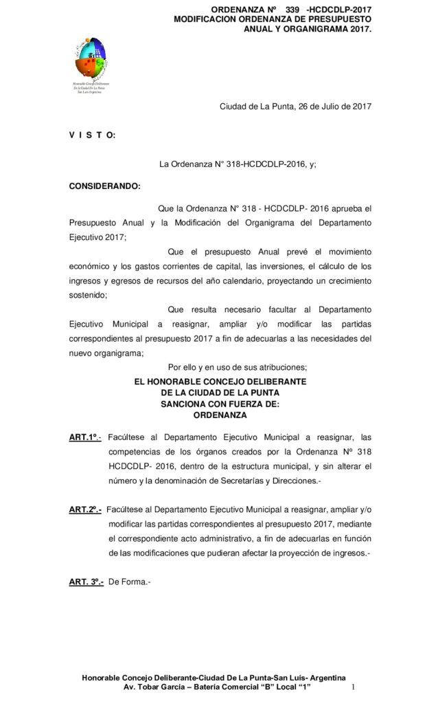thumbnail of ORDENANZA N° 339 – APROBACIÓN MODIFICACION PRESUPUESTO 2017 Y ORGANIGRAMA