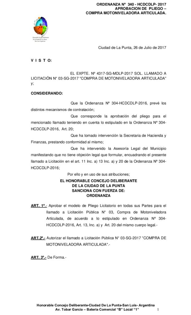 thumbnail of ORDENANZA N° 340 – APROBACIÓN DE PLIEGO LLAMADO A LICITACION Nº 03 COMPRA DE MOTONIVELADORA ARTICULADA
