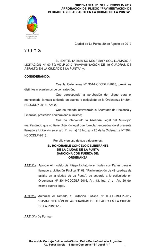 thumbnail of ORDENANZA N° 341 – APROBACIÓN DE PLIEGO- PAVIMENTACIÓN DE 49 CUADRAS DE ASFALTO EN LA CIUDAD DE LA PUNTA