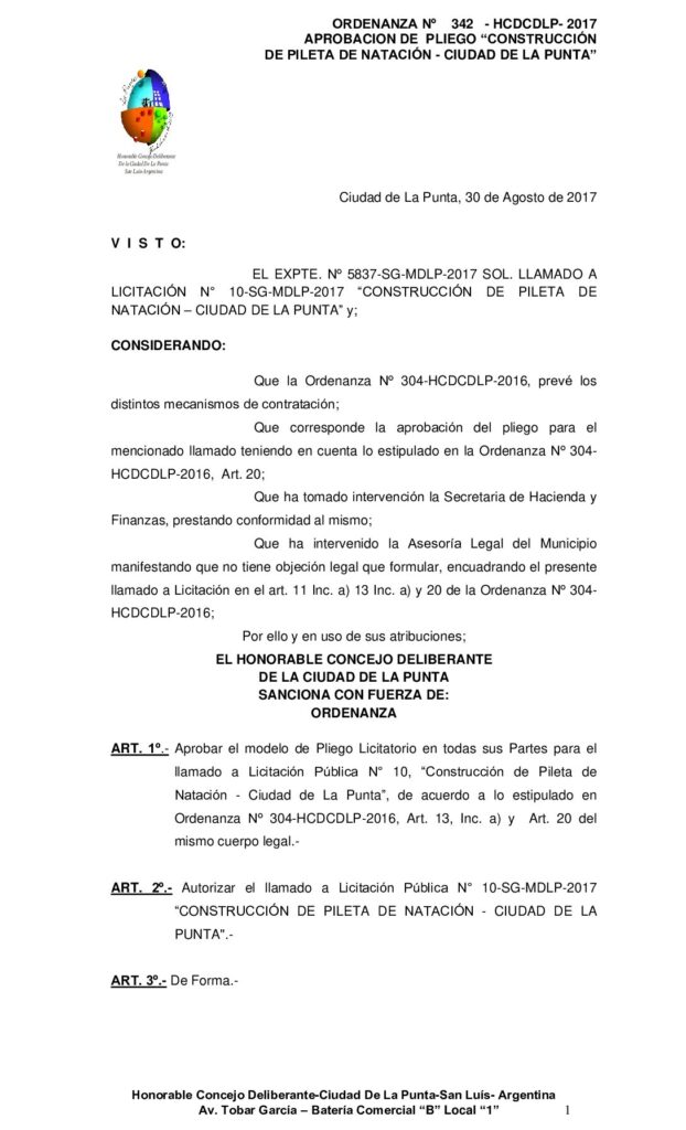 thumbnail of ORDENANZA N° 342 – APROBACIÓN DE PLIEGO- CONSTRUCCIÓN DE PILETA DE NATACIÓN – CIUDAD DE LA PUNTA