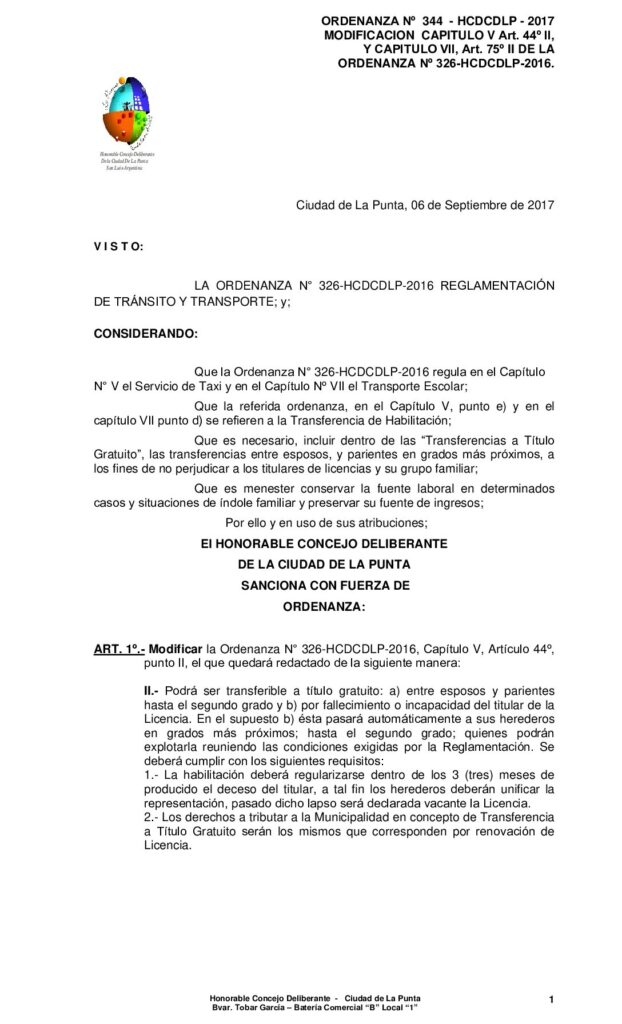 thumbnail of ORDENANZA N° 344 – MODIFICACION ART 75 ORDENANZA DE TRANSPORTE 326-2016