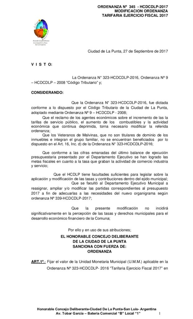 thumbnail of ORDENANZA N° 345 – MODIFICACION ORDENANZA TARIFARIA EJERCICIO FISCAL 2017