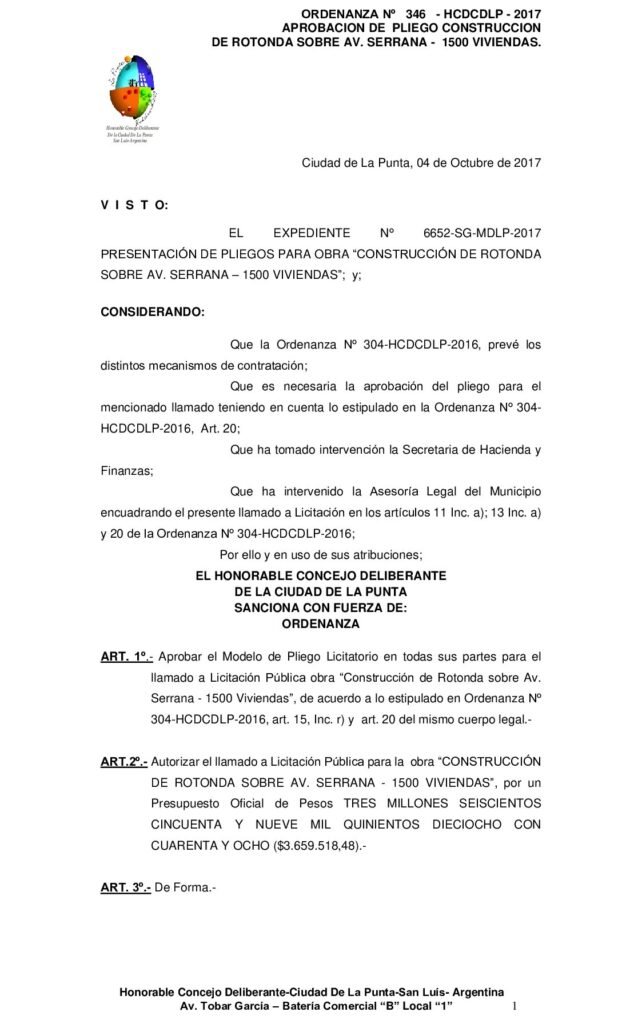 thumbnail of ORDENANZA N° 346 – APROBACION PLIEGO EXPTE 6652 OBRA CONSTRUCCION ROTONDA SOBRE AV. SERRANA – 1500 VIVIENDAS