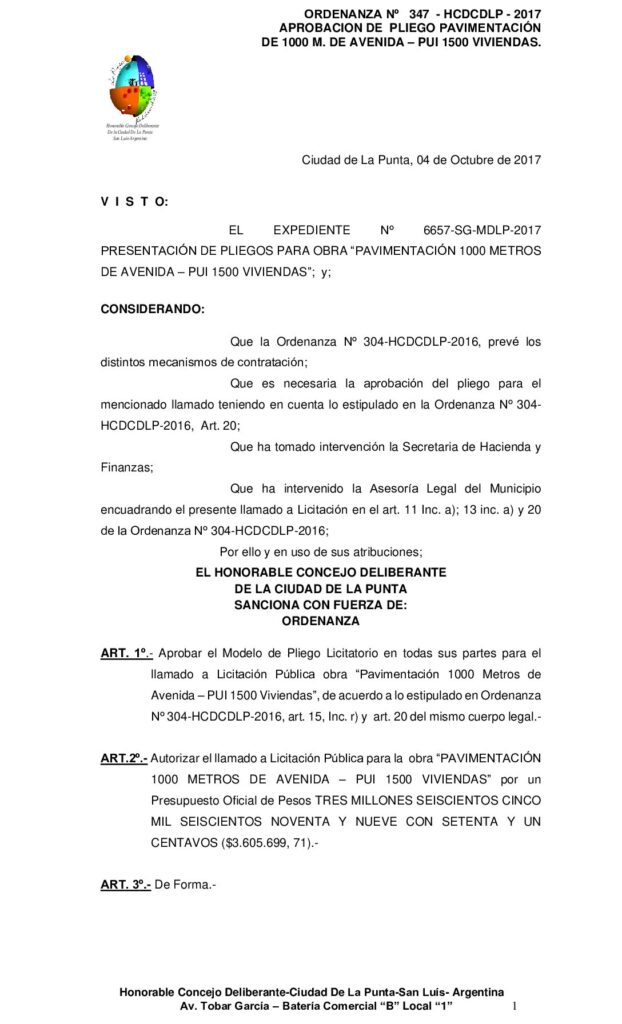 thumbnail of ORDENANZA N° 347 – APROBACION PLIEGO EXPTE 6657 OBRA PAVIMENTACION 1000 M. DE AVENIDA – PUI 1500 VIVIENDAS
