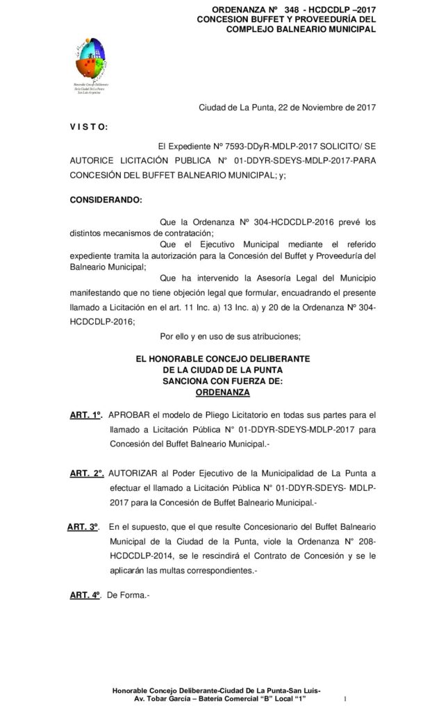 thumbnail of ORDENANZA N° 348 – APROBACION PLIEGO Nº 1 CONCESION BUFFET BALNEARIO MUNICIPAL
