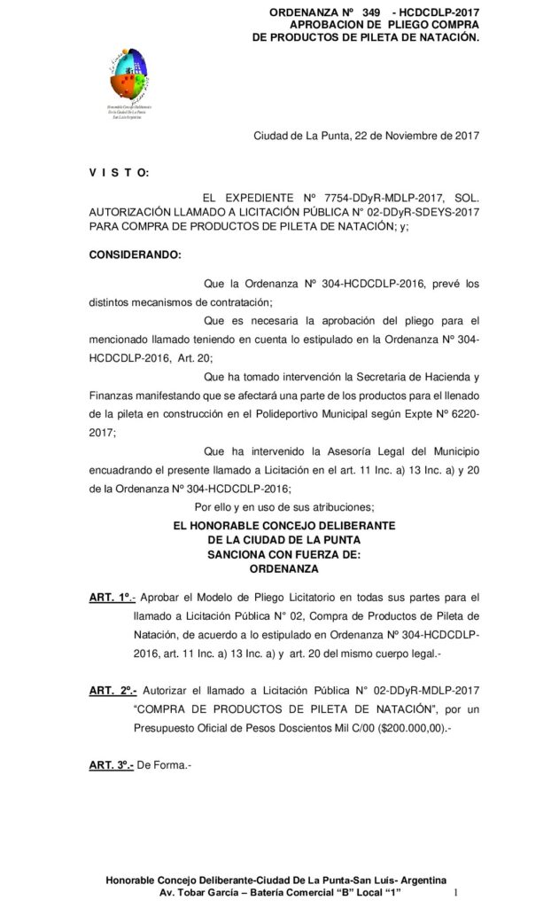 thumbnail of ORDENANZA N° 349 – APROBACION PLIEGO LIC PUBL Nº 02 COMPRA DE MATERIALES PRODUCTOS DE PILETA DE NATACION