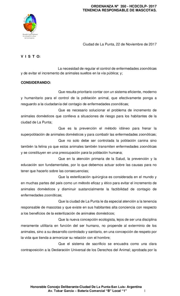 thumbnail of ORDENANZA N° 350 – TENENCIA RESPONSABLE DE MASCOTAS