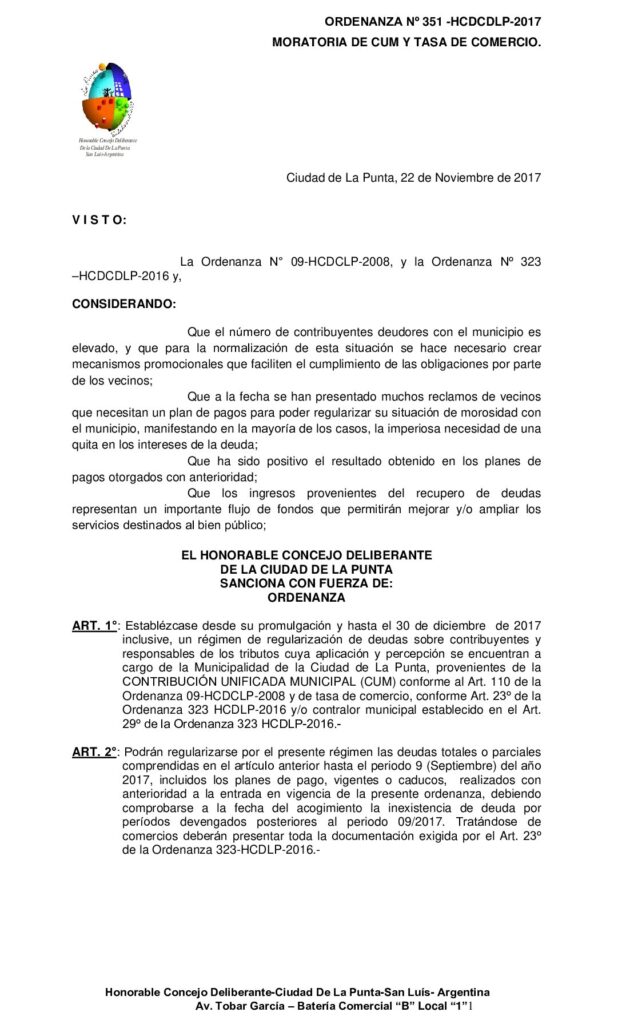 thumbnail of ORDENANZA N° 351 – MORATORIA DE CUM Y TASA DE COMERCIO