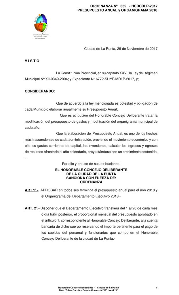 thumbnail of ORDENANZA N° 352 – APROBACIÓN PRESUPUESTO Y ORGANIGRAMA AÑO 2018