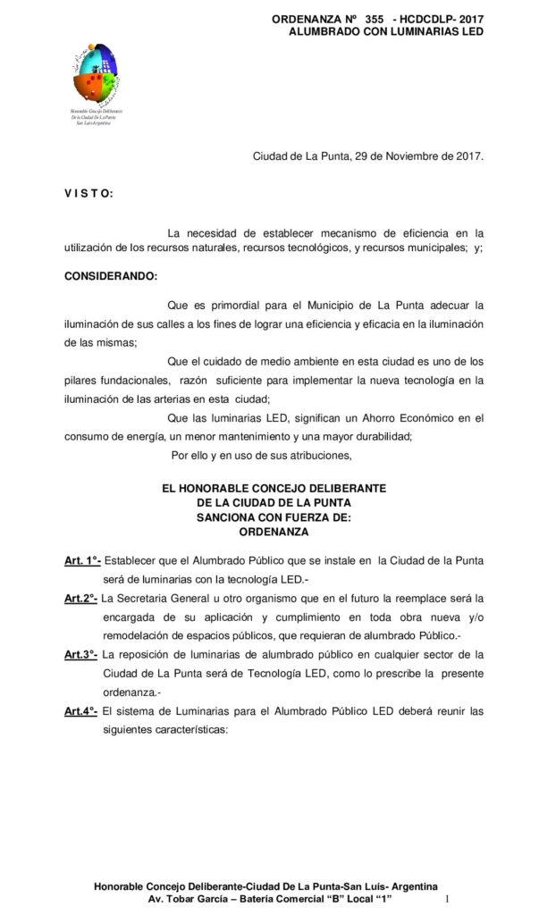 thumbnail of ORDENANZA N° 355 – ALUMBRADO CON LED EN LA CIUDAD DE LA PUNTA