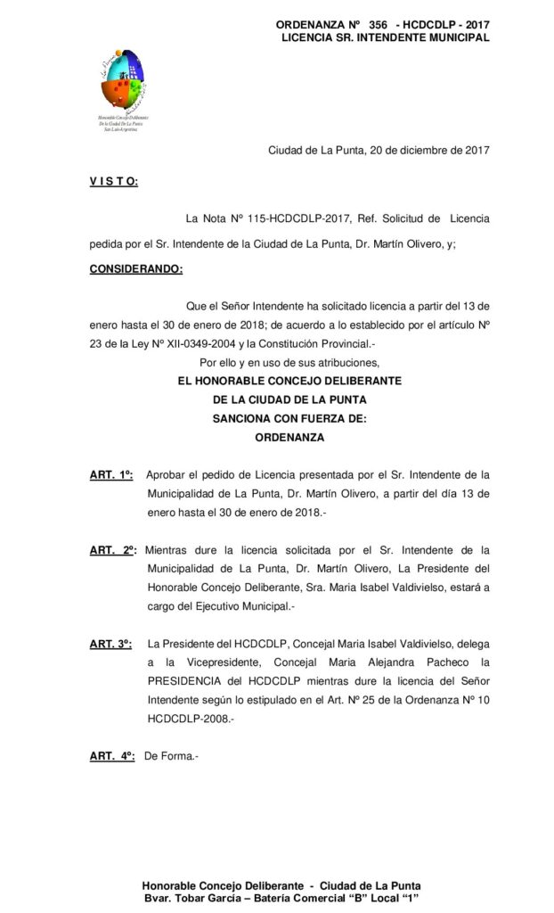 thumbnail of ORDENANZA N° 356 – LICENCIA SEÑOR INTENDENTE- PERIODO 2018