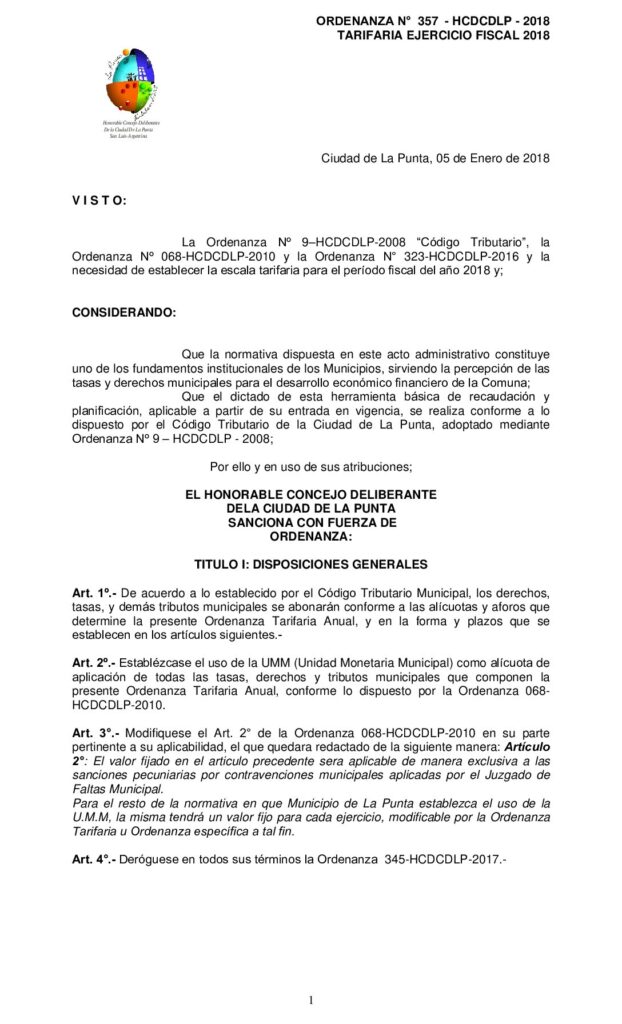 thumbnail of ORDENANZA N° 357 – APROBACION TARIFARIA EJERCICIO FISCAL 2018