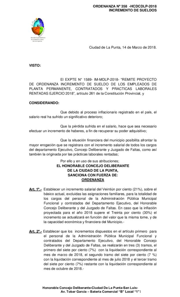 thumbnail of ORDENANZA N° 358 – APROBACION INCREMENTO DE SUELDOS 2018