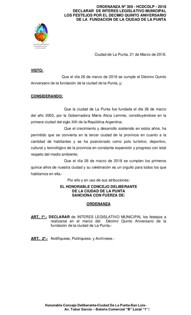 thumbnail of ORDENANZA N° 359 – APROBACION DECLARACION DE INTERES LEGISLATIVO 15º ANIVERSARIO DE LA PUNTA