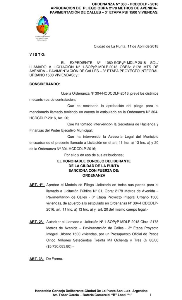 thumbnail of ORDENANZA N° 360 – APROBACION PLIEGO OBRA 2178 MTS DE AVENIDA PUI 1500 VIVIENDAS 3º ETAPA expte 1060