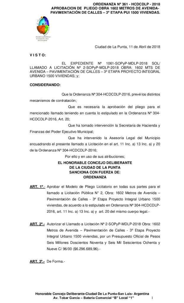 thumbnail of ORDENANZA N° 361 – APROBACION PLIEGO OBRA 1602 MTS DE AVENIDA PUI 1500 VIVIENDAS 3º ETAPA expte 1061