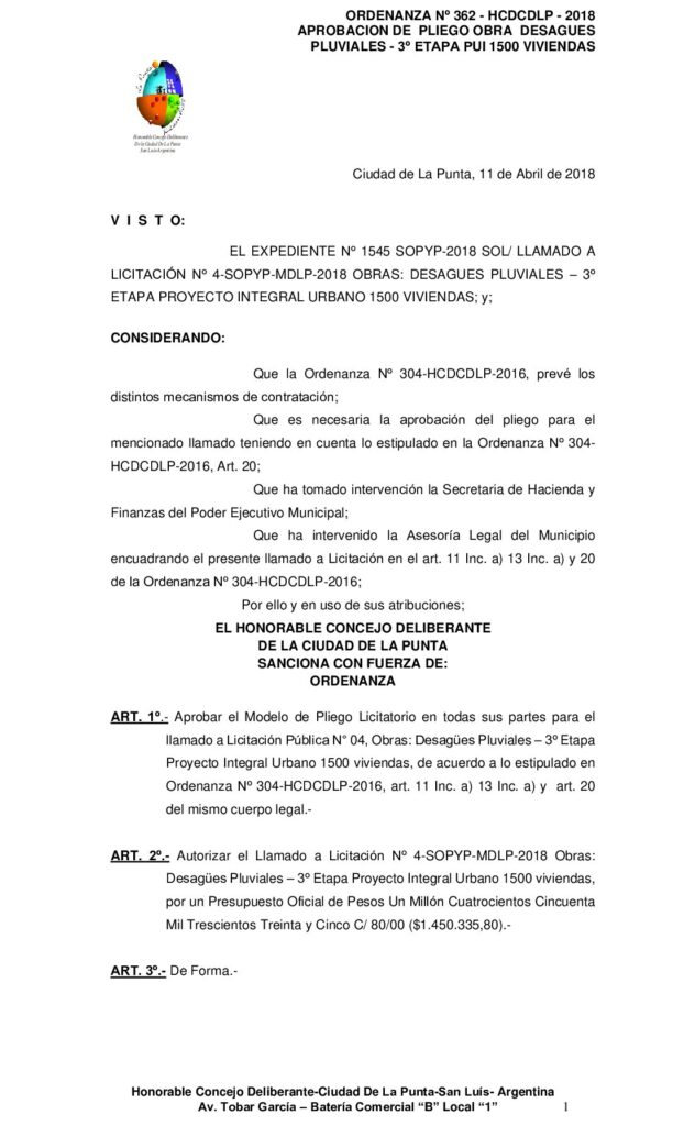 thumbnail of ORDENANZA N° 362 – APROBACION PLIEGO OBRAS PLUVIALES