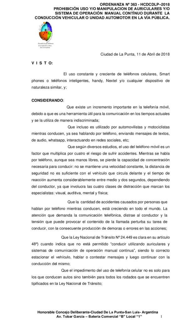 thumbnail of ORDENANZA N° 363 – APROBACION PROHIBICIÒN USO DE CELULARES SIMILARES O AURICULARES DURANTE LA CONDUCCIÓN