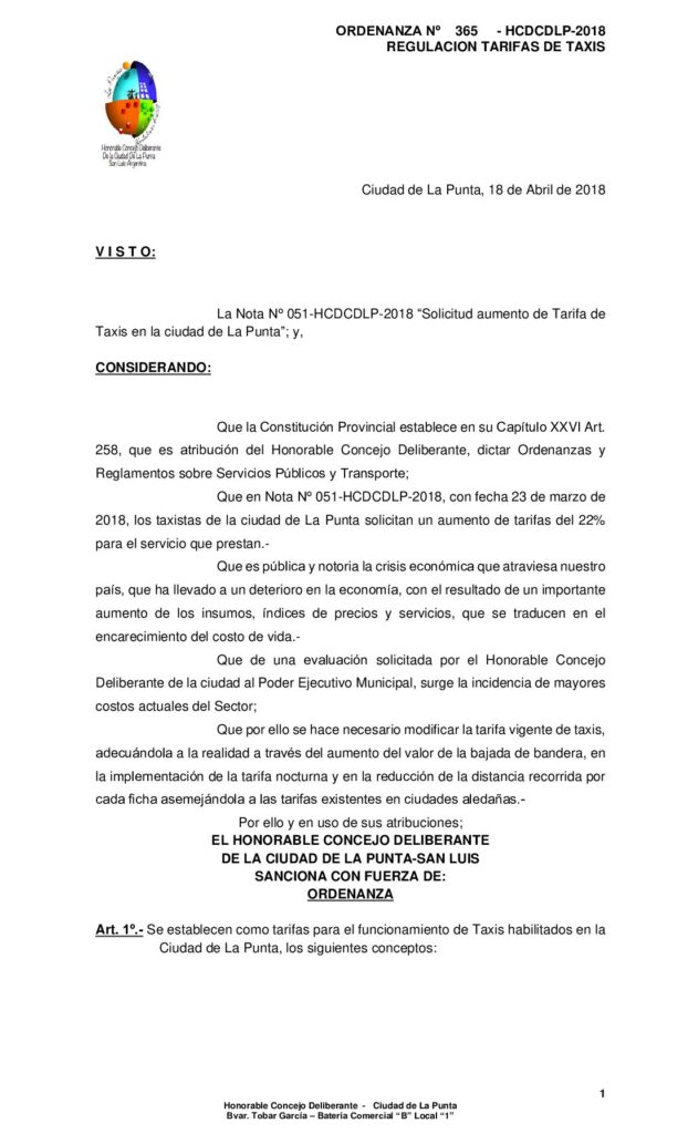 thumbnail of ORDENANZA N° 365 – REGULACION TARIFA DE TAXIS 2018