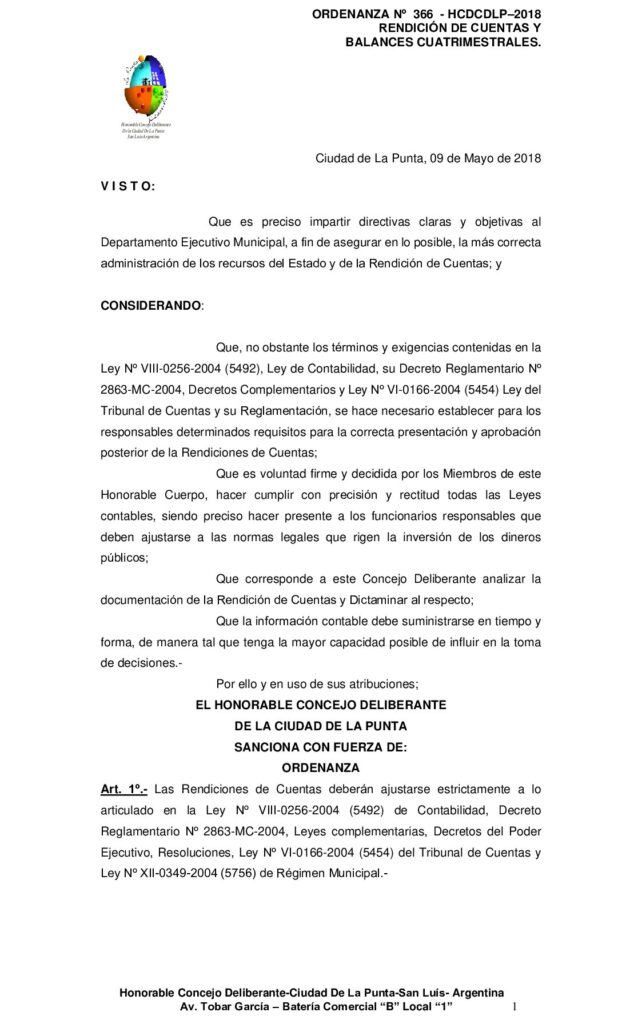 thumbnail of ORDENANZA N° 366 (2) – RENDICION DE CUENTAS Y BALANCES CUATRIMESTRALES NUEVAMENTE 9 DE MAYO