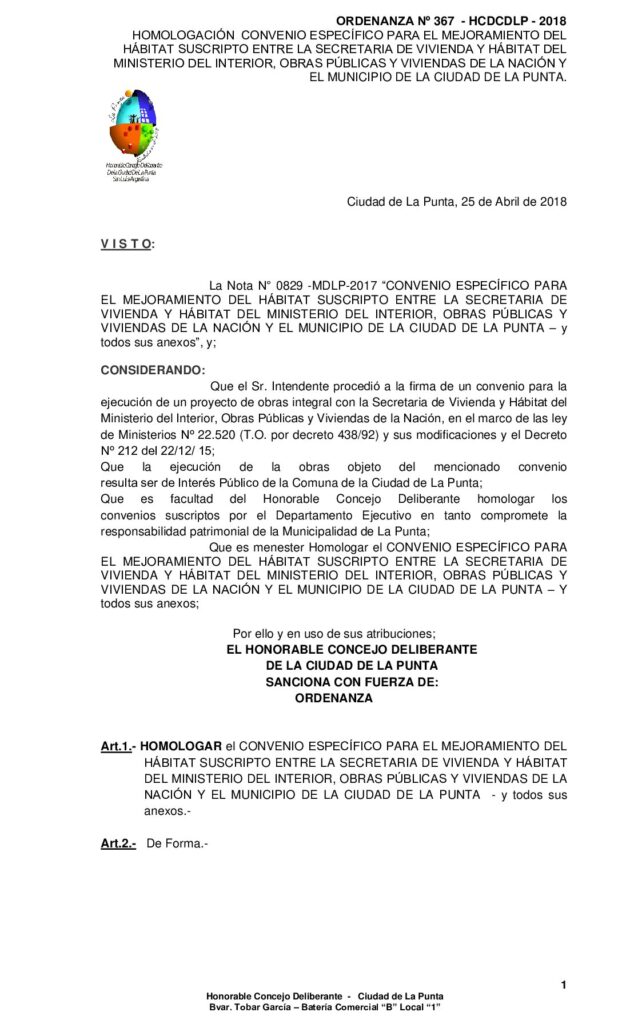 thumbnail of ORDENANZA N° 367 – HOMOLOGACION DE CONVENIO ESPECIFICO FINAL