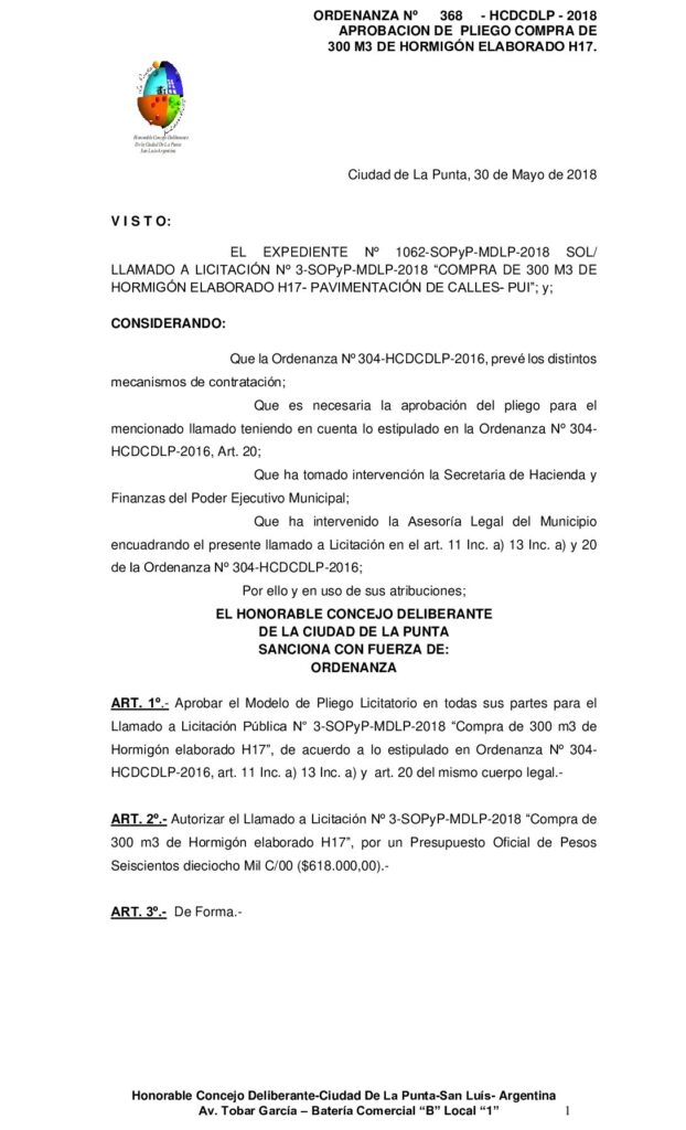 thumbnail of ORDENANZA N° 368 – APROBACION PLIEGO Compra de 300 m3 de Hormigón elaborado H17- Expte 1062