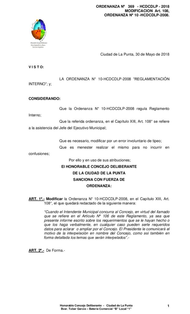 thumbnail of ORDENANZA N° 369 – MODIFICACION ART 108 ORDENANZA Nº 10-HCDCDLP-2008